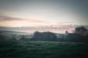 Sunrise over a neighboring forest with meadow in the foreground. Pasture landscape photo