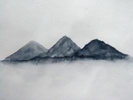 watercolor painting on paper landscape mountain fog. Traditional oriental. asia art style photo
