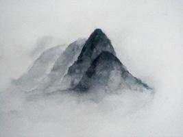 acuarela pintura en papel paisaje montaña niebla. tradicional oriental. Asia Arte estilo foto