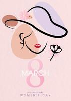 Beauty woman in line art style with the day and name of event on pink paper pattern background. Card and poster's campaign of Women's day in flat style vector