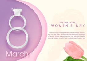 A diamond ring in a number 8 shape with pink tulip and wording of women day, example text on colors background. Card and poster's campaign of Women's day in paper cut style vector