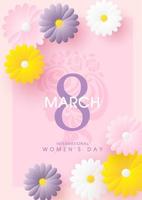 Colorful flowers with number 8 and wording of Women's day event on women drawing shape and pink background. Card and poster of International Women's Day in vector design.