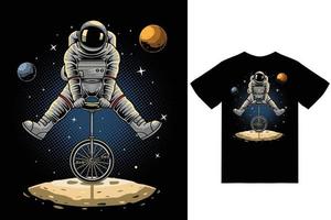 Astronaut riding unicycle illustration with tshirt design premium vector