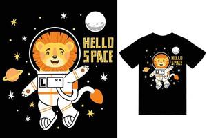 Cute lion astronaut space illustration with tshirt design premium vector