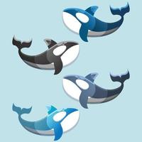 Vector illustration of kawaii cute orca killer whale characters. set of characters. Emoticon, mascot, cartoon character of orca, isolated on background