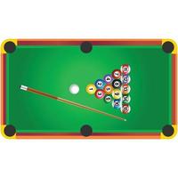 Realistic vector illustration of a green pool table with balls and cues. Top view. vector cartoon realistic illustration.