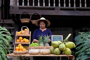 Asia vendedor de venta frutas a el granja permanecer, quedarse en casa a Tailandia loei foto