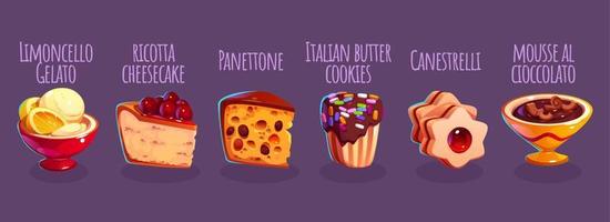 Italian desserts and pastry, cake, cookies vector