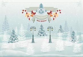 Merry Christmas and Happy New Year forest winter landscape with snowfall  vector illustration