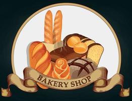 Baking shop emblem. Bread logo for bakery shop. Branding, label, bakery emblem design on dark background. Vector illustration