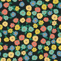 Cute floral seamless pattern with small multicolored flowers on a dark background. Vector illustration. EPS10