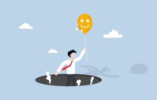 Changing mindset to be more positive for better life, reframing negative thought, optimistic concept, Businessman flying out of hole by using smiley face balloon. vector