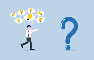 Applying diverse knowledge to solve problem, leveraging different perspectives and approaches to find best solution concept, Businessman with connected bubbles of idea light bulbs facing question mark vector