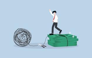 Financial independence, ability to support oneself without relying on others or job through sufficient wealth, FIRE concept, Businessman celebrating after cutting tangled line from pile of money. vector