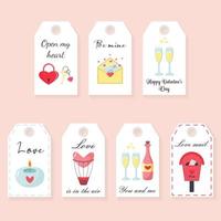 Valentines day love gift tags set. Romantic labels with love quotes. vector