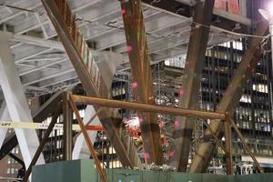 Close up structure of bridge under construction, New York. Urban architectural photography. photo