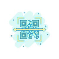 Qr code scan icon in comic style. Scanner id vector cartoon illustration on white isolated background. Barcode business concept splash effect.