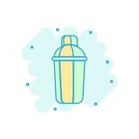 Shaker icon in comic style. Sport bottle vector cartoon illustration on white isolated background. Fitness container business concept splash effect.