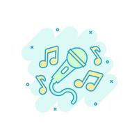 Karaoke music icon in comic style. Microphone speech vector cartoon illustration on white isolated background. Audio equipment business concept splash effect.