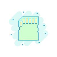 Micro SD card icon in comic style. Memory chip vector cartoon illustration on white isolated background. Storage adapter business concept splash effect.