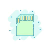 Micro SD card icon in comic style. Memory chip vector cartoon illustration on white isolated background. Storage adapter business concept splash effect.