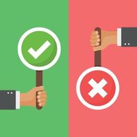 Hands hold signboard icon in flat style. Right and wrong feedback vector illustration on isolated background. Yes, no sign business concept.