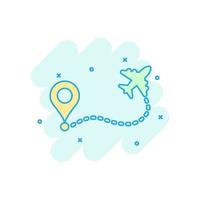 Airplane flight route icon in comic style. Travel line path vector cartoon illustration on white isolated background. Dash line trace business concept splash effect.