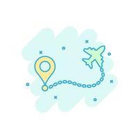 Airplane flight route icon in comic style. Travel line path vector cartoon illustration on white isolated background. Dash line trace business concept splash effect.