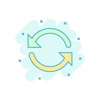 Arrow rotation icon in comic style. Sync action vector cartoon illustration on white isolated background. Refresh button business concept splash effect.