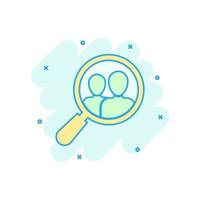 Search job vacancy icon in comic style. Loupe career vector cartoon illustration on white isolated background. Find vacancy business concept splash effect.