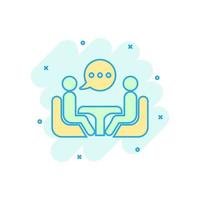 Business consulting icon in comic style. Two people with table vector cartoon illustration on white isolated background. Restaurant dialog business concept splash effect.