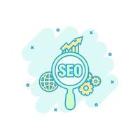 Seo analytics icon in comic style. Social media vector cartoon illustration on white isolated background. Search analysis business concept splash effect.