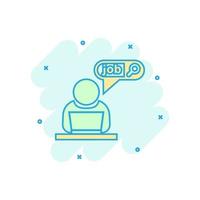 Search job vacancy icon in comic style. Laptop career vector cartoon illustration on white isolated background. Find vacancy business concept splash effect.