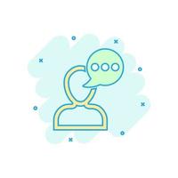 Man head mind thinking icon in comic style. Speech bubble with people vector cartoon illustration on white isolated background. Contemplating dialog business concept splash effect.
