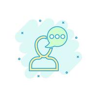 Man head mind thinking icon in comic style. Speech bubble with people vector cartoon illustration on white isolated background. Contemplating dialog business concept splash effect.