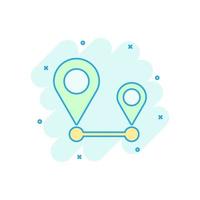 Distance pin icon in comic style. Gps navigation vector cartoon illustration on white isolated background. Communication travel business concept splash effect.