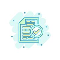 Compliance document icon in comic style. Approved process vector cartoon illustration on white isolated background. Checkmark business concept splash effect.