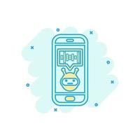 Voice assistant on smartphone icon in comic style. Sound record vector cartoon illustration on white isolated background. Chat recognition business concept splash effect.