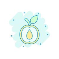 icono de fruta de albaricoque en estilo cómico. melocotón postre vector ilustración de dibujos animados sobre fondo blanco aislado. efecto de salpicadura de concepto de negocio de postre orgánico.