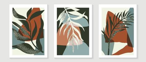 Set of abstract foliage wall art vector. Leaves, grunge texture, tropical plants, palm leaf, in hand drawn style. Botanical wall decoration collection design for interior, poster, cover, banner. vector
