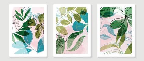 Set of abstract foliage  wall art vector. Leaves, line art, watercolor, leaf branches, flower in hand drawn style. Botanical wall decoration collection design for interior, poster, cover, banner. vector