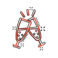 icono de copa de champán en estilo cómico. ilustración de dibujos animados de vector de bebida de alcohol sobre fondo blanco aislado. concepto de negocio de efecto de salpicadura de cóctel.