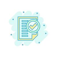 Compliance document icon in comic style. Approved process vector cartoon illustration on white isolated background. Checkmark business concept splash effect.
