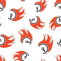 Flaming speedometer sign icon seamless pattern background. Accelerate vector illustration on white isolated background. Motion tachometer business concept.