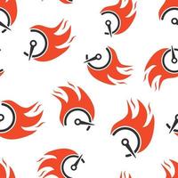 Flaming speedometer sign icon seamless pattern background. Accelerate vector illustration on white isolated background. Motion tachometer business concept.