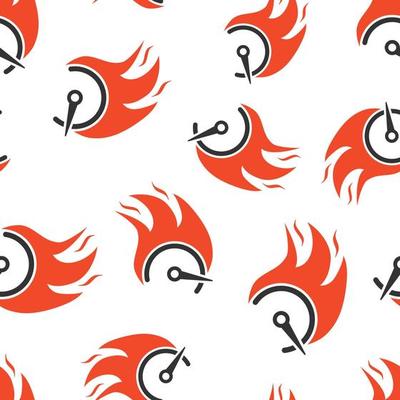 Flaming speedometer sign icon seamless pattern background. Accelerate vector illustration on white isolated background. Motion tachometer business concept.