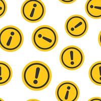 Exclamation mark icon seamless pattern background. Danger alarm vector illustration on white isolated background. Caution risk business concept.