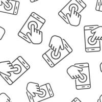 Hand touch smartphone icon seamless pattern background. Phone finger vector illustration on white isolated background. Cursor touchscreen business concept.