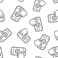 Hand touch smartphone icon seamless pattern background. Phone finger vector illustration on white isolated background. Cursor touchscreen business concept.