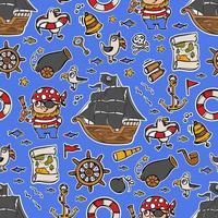 PIRATE SHIP Cartoon Marine Sticker Vector Seamless Pattern